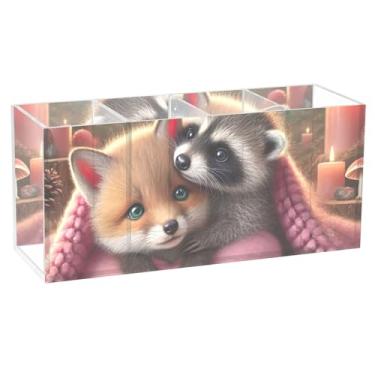Imagem de TSENQUE Porta-lápis de mesa personalizado Fox Raccoon aconchegante noite amor bonito acrílico arte caddy copos copos armazenamento lápis organizador de escritório para mesa