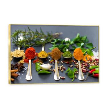 Imagem de Moldura dourada. Arte de parede em tela de especiarias coloridas e colher de tempero | Decoração de cozinha vintage | Arte moderna para casa e sala de jantar. C35. 40 x 60 cm - 15,8 x 23,7 pol