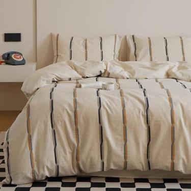 Imagem de mixinni Conjunto Queen de capa de edredom jacquard de linho de algodão, 3 peças, roupa de cama moderna de meados do século, capa de edredom boêmio listrada vintage com 2 fronhas, capa de edredom