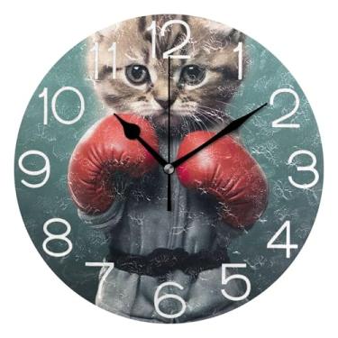 Imagem de GAIGEO Relógio de parede analógico decorativo funky alimentado por bateria relógio de cozinha fofo, arte de parede boho decoração de casa, gato engraçado gatinho boxer, 25 cm, ponteiros dourados