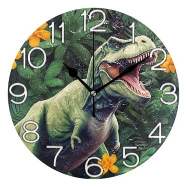 Imagem de GAIGEO Relógio de parede analógico decorativo escritório cozinha relógio divertido alimentado por bateria, sala de estar decoração de parede moderna, dinossauro verde legal laranja floral, 25 cm