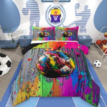 Imagem de jejeloiu Conjunto de edredom de futebol para todas as estações, jogo esportivo com 2 fronhas, microfibra temática esportiva, roupas de cama de casal coloridas, graffiti, estilo hip hop, edredom