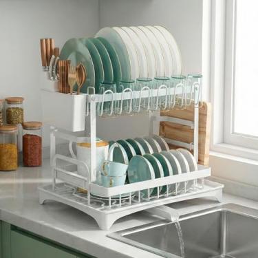 Imagem de Decolab Escorredor de Louça - Com Bandeja Para Saída de Água - Para Pratos de Jantar, Talheres e Copos (Branco, 2 Andares)