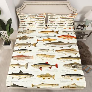 Imagem de Jogo de cama Queen, retrô, peixe, animais selvagens, 3 peças, para decoração de quarto de crianças, meninos, adultos, homens, lençol com elástico alto, estilo casa de fazenda, 2 fronhas