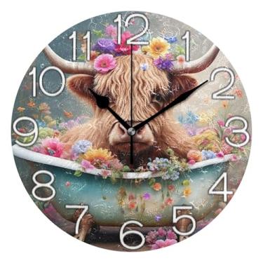 Imagem de GAIGEO Relógio de parede analógico decorativo relógio de cozinha rústico operado por bateria, decoração de parede de meados do século sala de estar, linda vaca highland engraçada, 25 cm, ponteiros