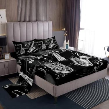 Imagem de Erosebridal Jogo de lençol solteiro de saxofone vintage, minimalista, com notas musicais para crianças, meninos e meninas, preto