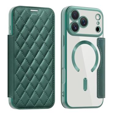 Imagem de SFDSUH Capa carteira de couro resistente a impactos com porta-cartões para iPhone 16 Pro Max, carregamento sem fio e capa magnética para celular (para iPhone 16 Pro Max/Verde)