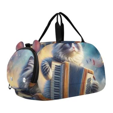 Imagem de Bolsa esportiva para meninos e crianças pequenas, estilo chinês, árvores, flores, pássaros, bolsa de viagem com compartimento para sapatos, Gato fofo 1, Clássico