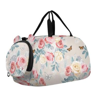 Imagem de Bolsa esportiva Bees com asas brancas, preto, amarelo, para meninas, viagem, criança, fim de semana, bolsa esportiva para meninos, Borboleta floral rosa pastel bege, Clássico