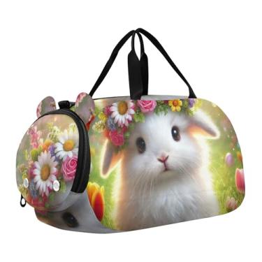 Imagem de Bolsa esportiva de viagem para meninos, fim de semana, bolsa de viagem para meninas, bolsa de viagem para dança, romântica, gato Titanic Love, Coroa floral de coelhinho da Páscoa, Clássico