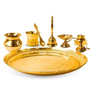 Imagem de Conjunto Védico Charya Brass Pooja Thali – Adoração tradicional de prato Puja, religioso indiano decorativo (28 cm, formato redondo)