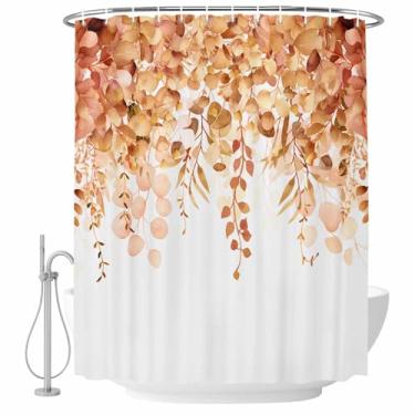 Imagem de Cortina de chuveiro de eucalipto de outono laranja, folhas de aquarela rústicas floral tecido impermeável conjunto de cortinas de chuveiro decoração de casa de banho lavável na máquina
