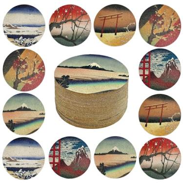 Imagem de STARUBY Porta-copos para bebidas 12 peças de porta-copos absorventes de cortiça com padrão Ukiyo-e estilo japonês para mesa de café, presentes de inauguração de casa para amigos, decoração de sala de
