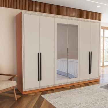 Imagem de Guarda Roupa Roupeiro 6 portas 4 gavetas com Espelho Valência Freijó Creme Politorno Móveis