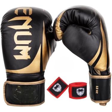 Imagem de Luvas Vennum Challenger 2.0 de Boxe/Muay thai/Kickboxing com Bandagem 3m, Couro Sintético, 16 oz, Preto e Dourado, Adulto Unissex, com Suporte de Pulso e Fecho de Velcro