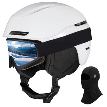 Imagem de JQF Gear Capacete de esqui capacete de snowboard para adultos, homens e mulheres, capacete de neve ajustável X13 com óculos para esportes de neve (óculos de esqui branco brilhante (máscara de esqui