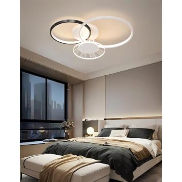 Imagem de Luminária de teto LED moderna, dimerizável, em formato de anel, embutida, com controle remoto, nas cores preto e branco, ideal para sala de estar, quarto, sala de jantar e escritório (preta,
