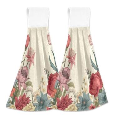 Imagem de xigua Conjunto de 2 toalhas de cozinha coloridas de flores silvestres, toalhas de cozinha macias e absorventes rápidas com laço para pendurar e adesivos mágicos, toalhas de mão de pano para pendurar