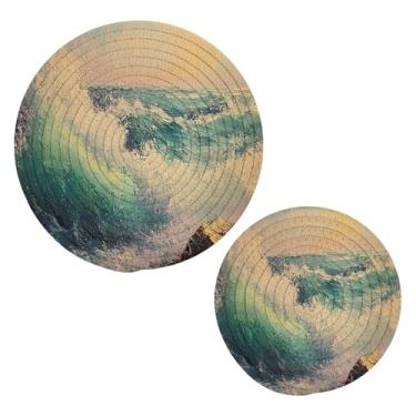 Imagem de Wassud Conjunto de trivet de ondas do mar para pratos quentes, porta-panelas redondas de algodão, almofadas quentes, porta-copos elegantes, decoração de cozinha e acessórios, 2 peças