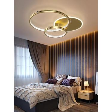Imagem de Luminária de teto LED moderna, 3000-6000K, dimerizável, 44W, com controle remoto, em acrílico, para quarto, sala de estar, sala de jantar, cozinha e escritório (anéis dourados, 45cm).