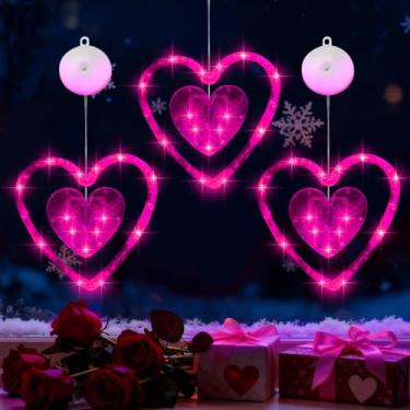 Imagem de Artmag 3 peças de decoração de luzes de janela do dia dos namorados com temporizador, silhueta em forma de três corações, lâmpada LED pendurada para pendurar no dia dos namorados, decoração de casa