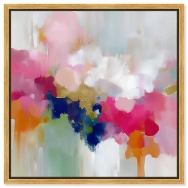 Imagem de Arte de parede para sala de estar com impressão em tela rosa e verde-limão I por Art Remedy, moldura dourada, 50 x 50 cm