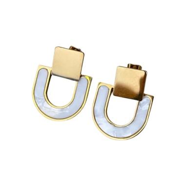 Imagem de Brinco em Aço Inoxidável, Modelo Frame, Dourado, Genérico, Casual e Trabalho, Madrepérola Natural, Sofisticado, Sem Pedra Preciosa, Tarraxa, Moderno