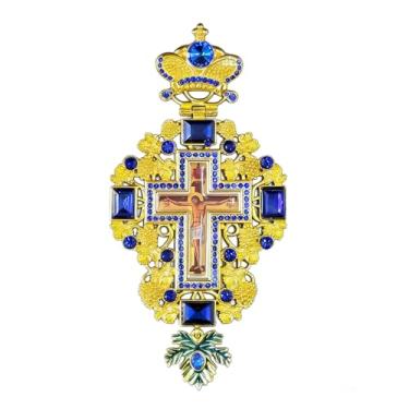 Imagem de RZRHMUHN Pingente de cruz peitoral ortodoxa oriental, joia de clero banhada a ouro de liga de zinco com gotejamento de óleo e crucifixo de Jesus de resina de cristal, presente religioso com caixa de