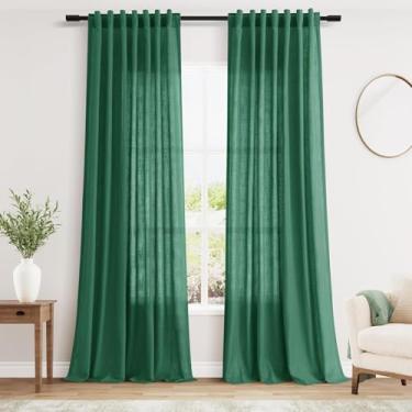 Imagem de Cortinas de linho verde esmeralda extralongas 300 cm para sala de estar, conjunto com 2 painéis, bolso para varão, aba traseira, cortinas de janela de linho, semitransparentes, filtragem de luz