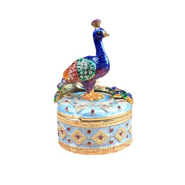 Imagem de Caixa de joias de pavão esmaltada pequena caixa organizadora de joias de mesa para brincos, colar, anel, pulseira, presente feminino (rosa) (azul)