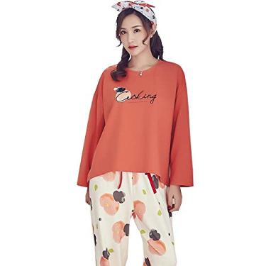 Imagem de 3FLQOOPP Roupa de dormir feminina outono e inverno tamanho solto conjunto de duas peças pijama roupa de casa terno (laranja grande)