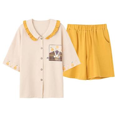 Imagem de HHHJQFAAT Pijamas para mulheres, conjunto de pijama de manga curta, gola virada para baixo, pijama feminino de desenho animado plus size (amarelo 1X)