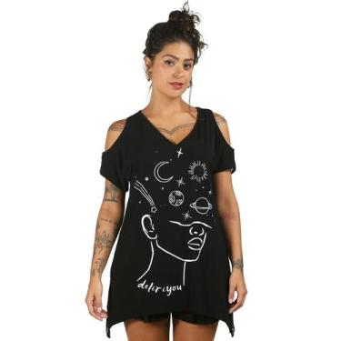 Imagem de Blusa maxi tela costas manga vazada estampa - My Mind, P, Preto