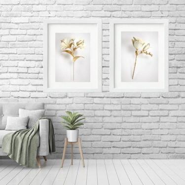 Imagem de Kit 2 Quadros Grandes Flores Branca Dourado - 60X48Cm