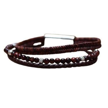 Imagem de Bracelete Aço Couro Marrom Trançado Shamabla Olho De Tigre