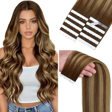 Imagem de Lacer Extensões de cabelo humano marrom mini fita adesiva 40 g/pacote de extensões de cabelo de trama de poliuretano marrom chocolate com loiro caramelo 10 peças liso sedoso 40 polegadas