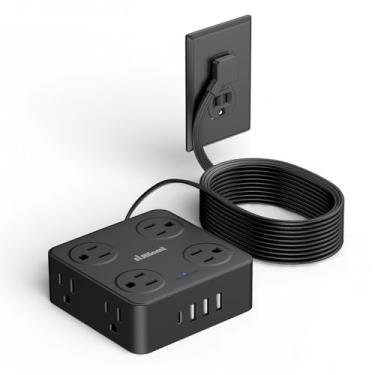 Imagem de Régua de tomada plana com USB C, cabo de extensão plano de 1,8 m - 8 tomadas CA e 4 USB (1 USB C), filtro de linha com protetor contra sobretensão, estação de carregamento para montagem na parede