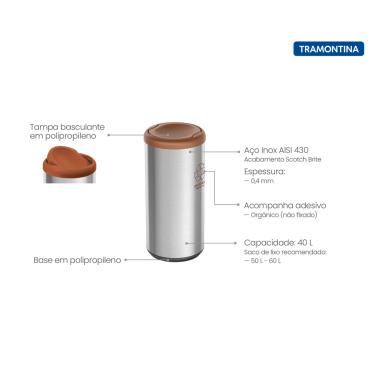 Imagem de Lixeira Inox Tramontina Piemonte 40 Litros Scotch Brite e Tampa Basculante Marrom