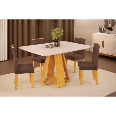 Imagem de Conjunto: Mesa de Cozinha Celeste c/ Tampo Madeirado c/ Vidro Curvo 120x90cm e 4 Cadeiras Zoe Cedro/Off White - Suede Moca - DJ Móveis