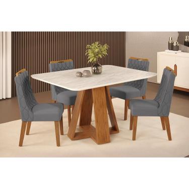 Imagem de Conjunto: Mesa de Cozinha Celeste c/ Tampo Madeirado Curvo 120x90cm e 4 Cadeiras Bia Fr...