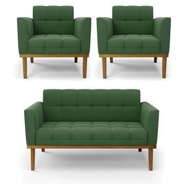 Imagem de Conjunto 2 Poltronas E 1 Namoradeira Decorativa Pés Fixo Em Madeira Castanho Suede Verde