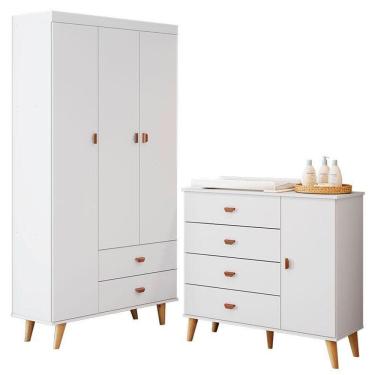 Imagem de Cômoda Infantil Com Guarda Roupa 3 Portas Duda Branco Acetinado Bétula - Carolina