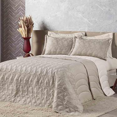 Imagem de Kit Cobre Leito Colcha Monique Queen 5 Peças Dupla Face Micropercal 200 Fios Bordado Floral - Cáqui