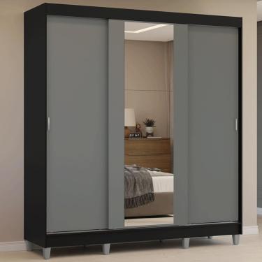 Imagem de Guarda Roupa Casal Reno 3 Portas de Correr 4 Gavetas MDP com Espelho Preto-Cinza