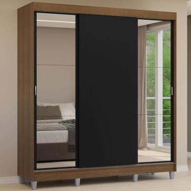 Imagem de Guarda Roupa Casal Reno 3 Portas de Correr 4 Gavetas MDP Rustic-Preto com Espelhos Madesa
