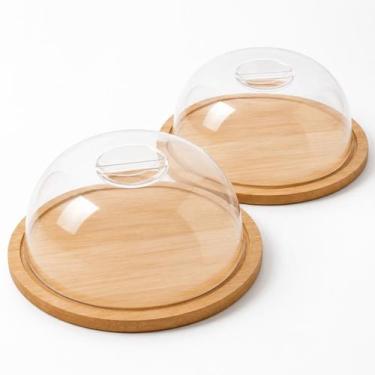 Imagem de Kit 2 Porta Queijo Bambu com Tampa Acrílica Redonda 19cm Mesa Café Pet