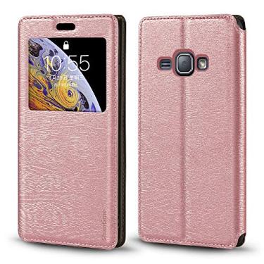 Imagem de Capa para Samsung Galaxy J1 6 Duos LTE, capa de couro de grão de madeira com suporte de cartão e janela, capa flip magnética para Samsung Galaxy J1 4G (4,5 polegadas) ouro rosa