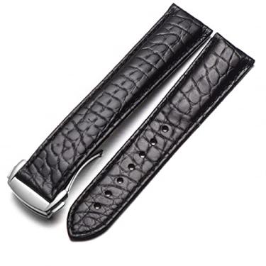 Imagem de FULNES Pulseira de relógio de couro de crocodilo estilo masculino e feminino para Omega Seahorse Deville 18mm 19mm 20mm Pulseira de relógio original (Cor: Preto-Prata, Tamanho: 20mm)