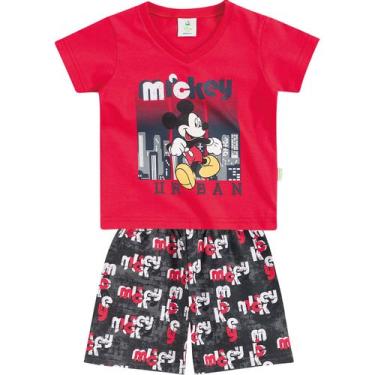Imagem de Conjunto Bebê Brandili Camiseta e Short - Em Meia Malha e Tricoline - Disney Mickey - Vermelho e Cinza
