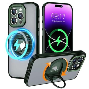 Imagem de KMXDD Capa magnética para iPhone 15 Pro Max Ring Case compatível com MagSafe carregamento sem fio suporte à prova de choque fosco translúcido capa (15ProMax, verde)